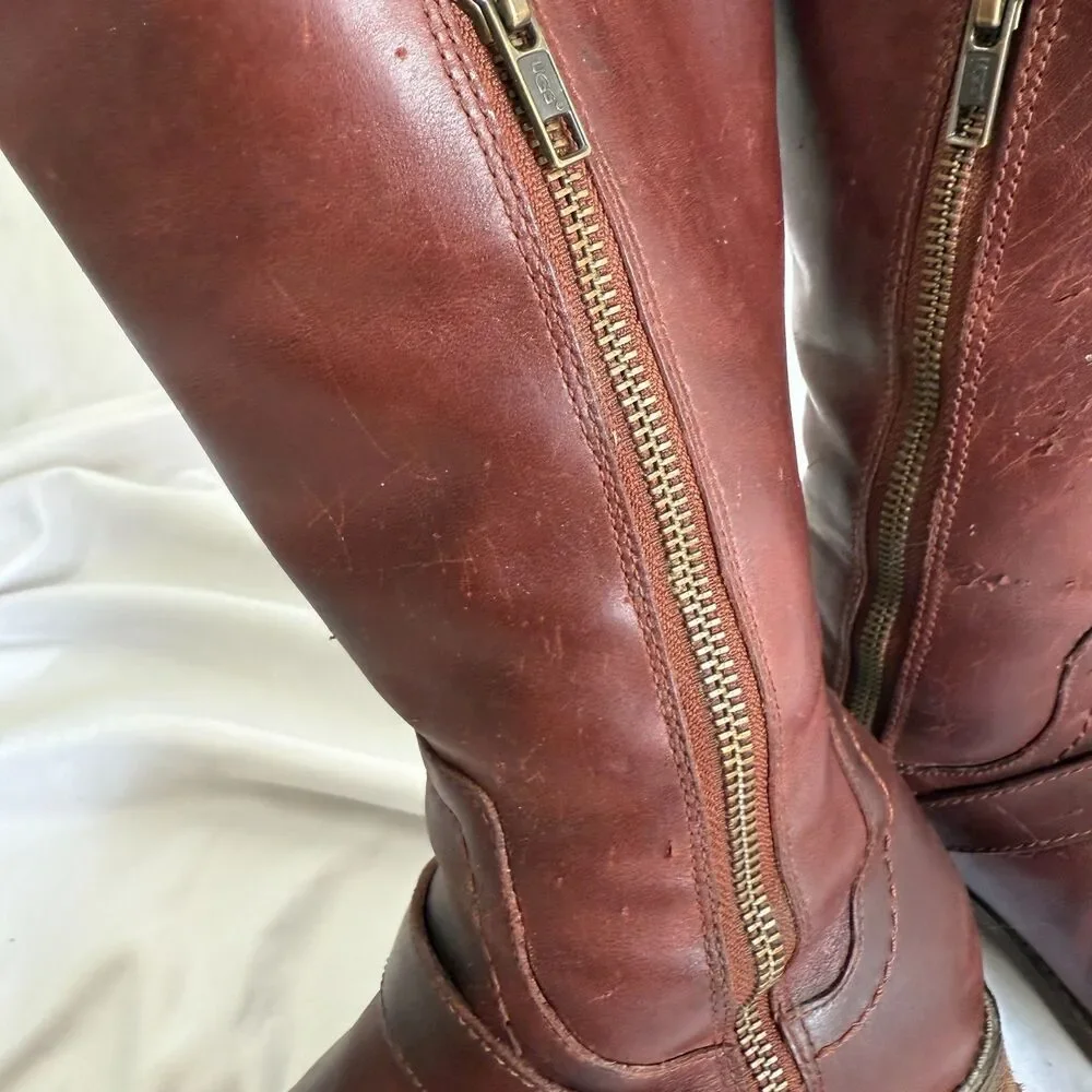 UGG Brown Red Dahlen Leather Womens Lined Equestrian Boots Winter 1006043 Size 7